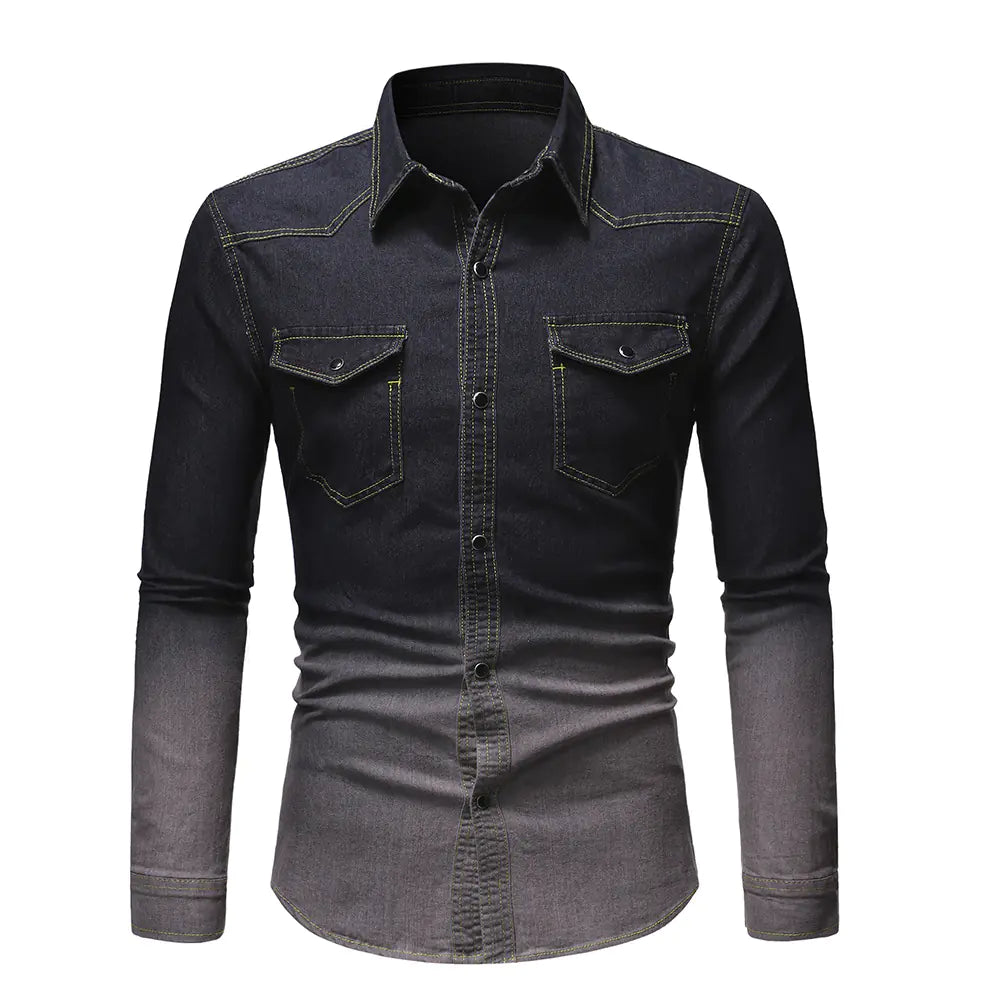 Mens Gradient Denim Long Sleeve Shirt - Dark blue 2XL - shirt