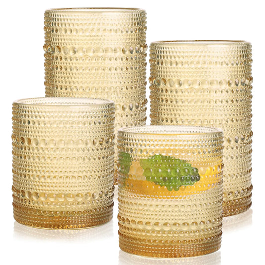 Airsky Amber Vintage Drinking Glasses Set of 6-3 Cocktail Glasses 10 oz & 3 Highball Glasses 12 oz Fashioned Hobnail Glasses for Beer Whiskey Soda Juice Coffee Party Supplies