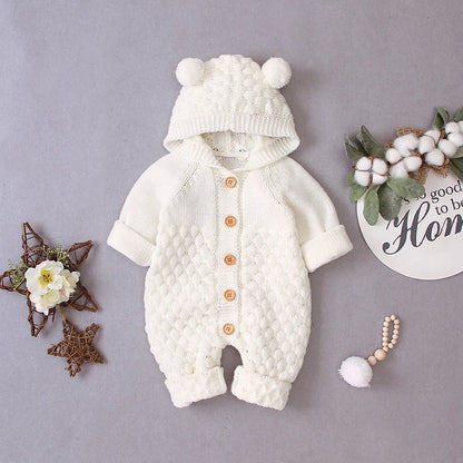 Knit Romper With Hoodie White 12-18 months