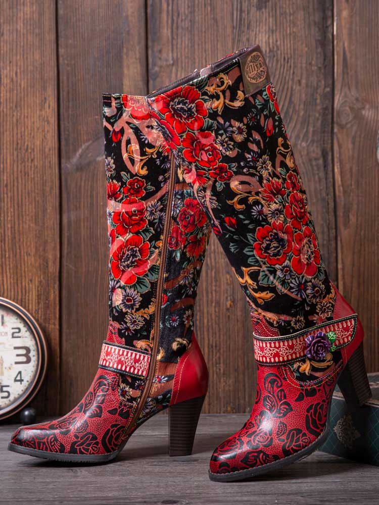 Handmade Floral Embossed Embroidery Elegant Boots - - Boots