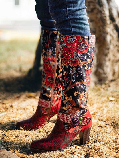 Handmade Floral Embossed Embroidery Elegant Boots - - Boots