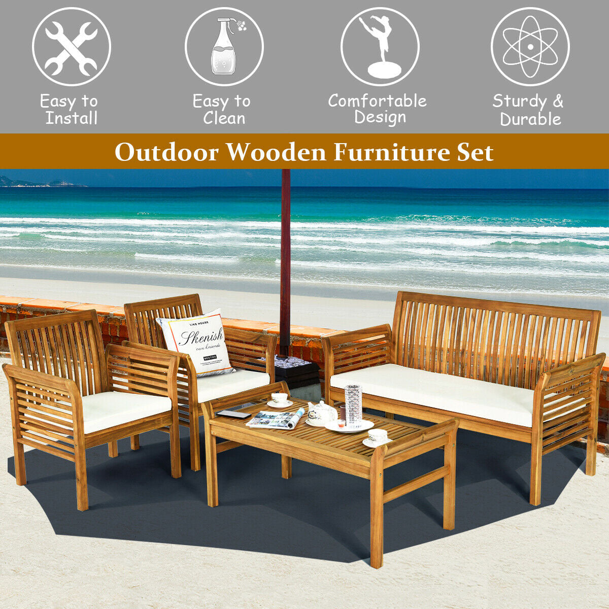 4 Pieces Outdoor Acacia Wood Sofa Furniture Set- DirectDeals- {{Product type}}