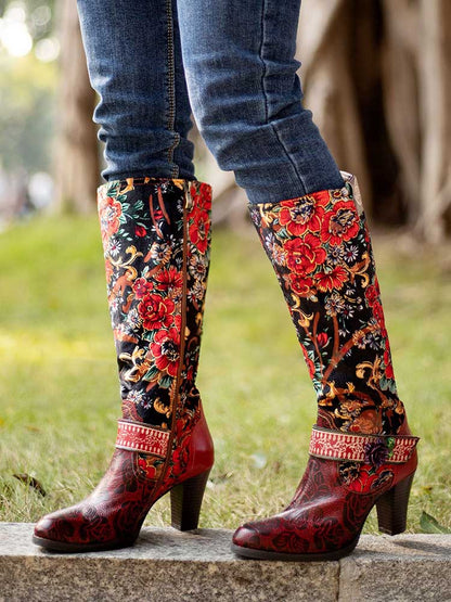 Handmade Floral Embossed Embroidery Elegant Boots - - Boots
