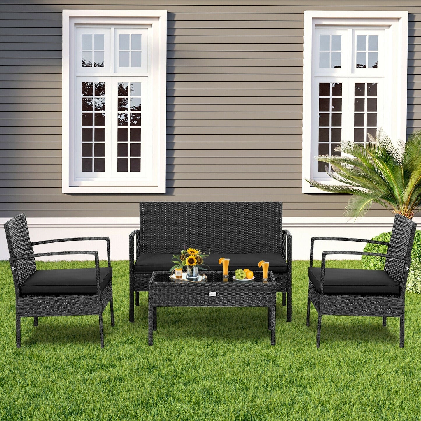 4 Pieces Patio Rattan Furniture Set with Cushion- DirectDeals- {{Product type}}