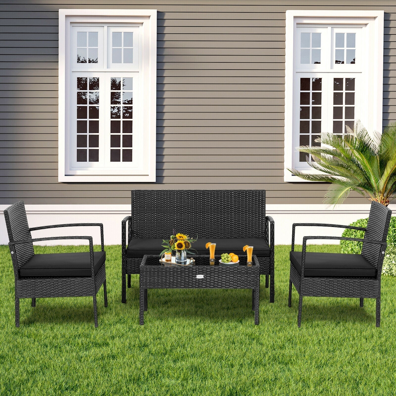 4 Pieces Patio Rattan Furniture Set with Cushion- DirectDeals- {{Product type}}