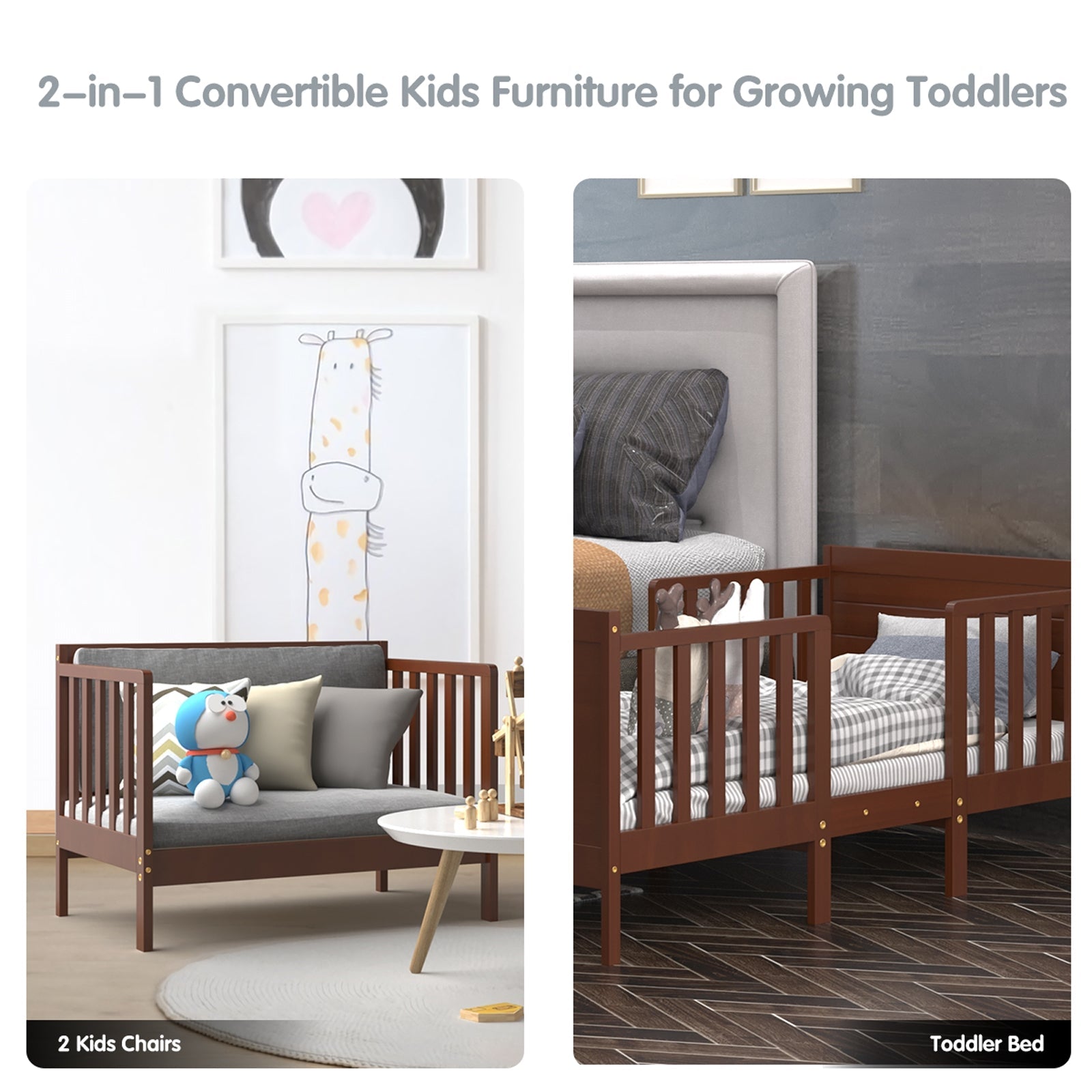 2-in-1 Convertible Kids Wooden Bedroom Furniture with Guardrails- DirectDeals- {{Product type}}