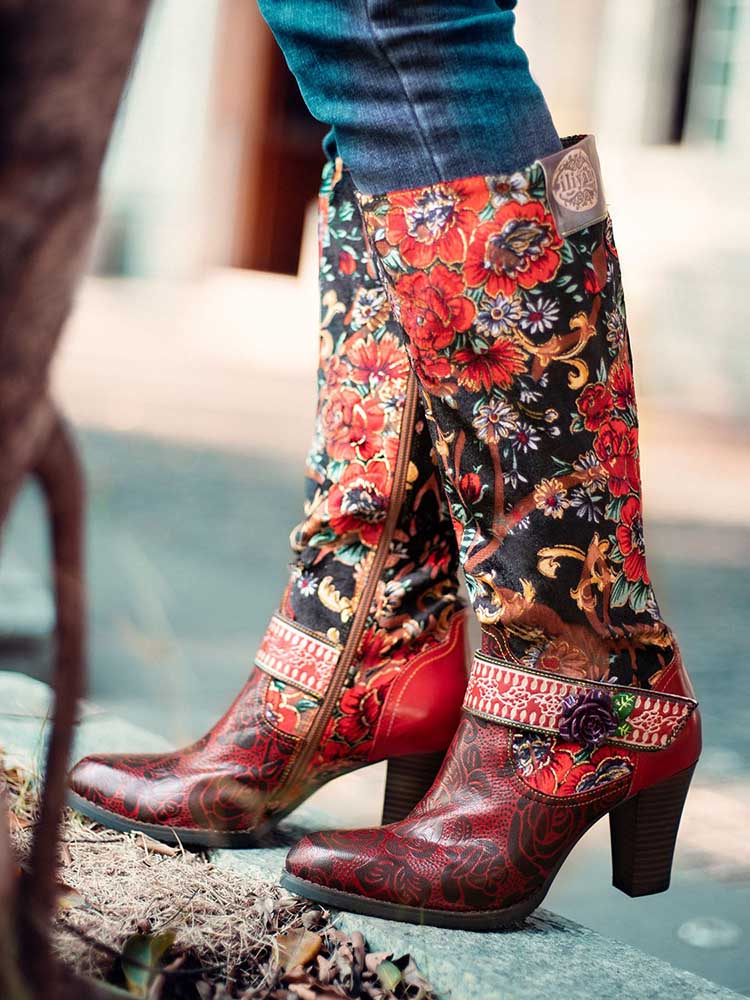 Handmade Floral Embossed Embroidery Elegant Boots - - Boots