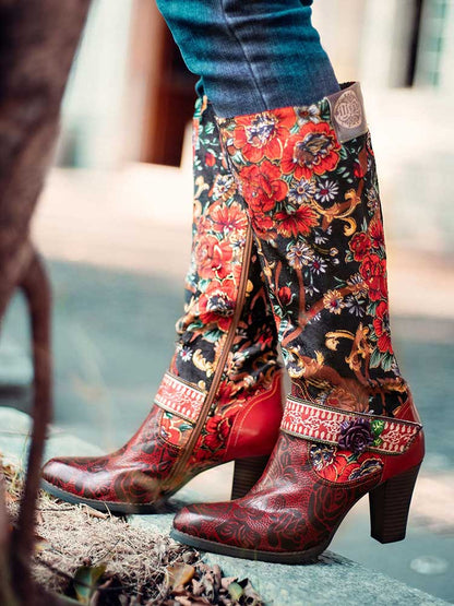 Handmade Floral Embossed Embroidery Elegant Boots - - Boots