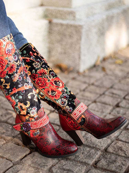 Handmade Floral Embossed Embroidery Elegant Boots - - Boots