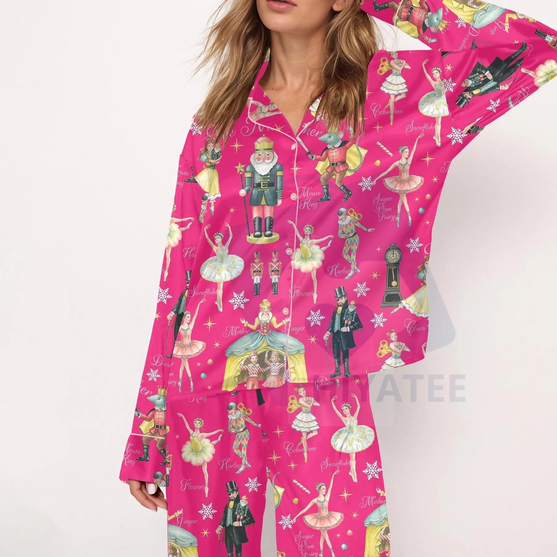 Nutcracker Ballet Christmas Satin Pajama Set For Women Print Comfy Satin Sleepwear & Loungewear Pjs Printing Silky Top & Bottoms - -