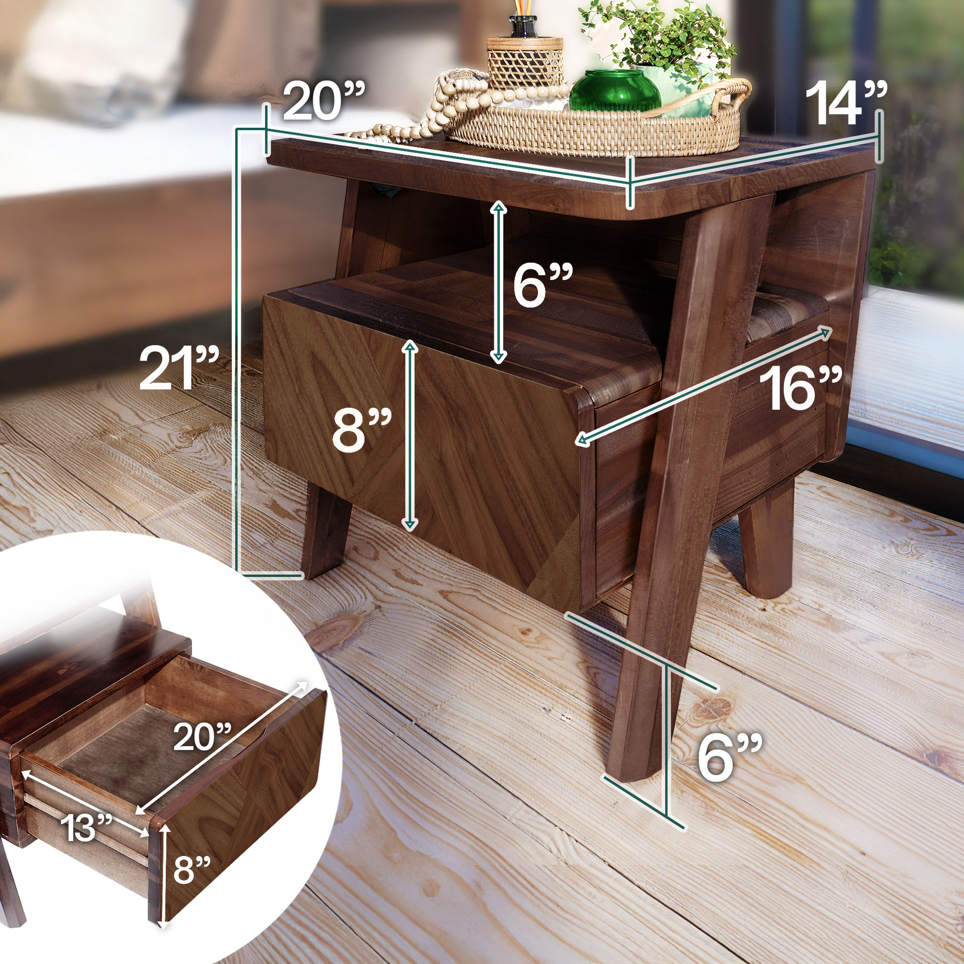 Rum Handcrafted Solid Wood Nightstand - - Nightstand