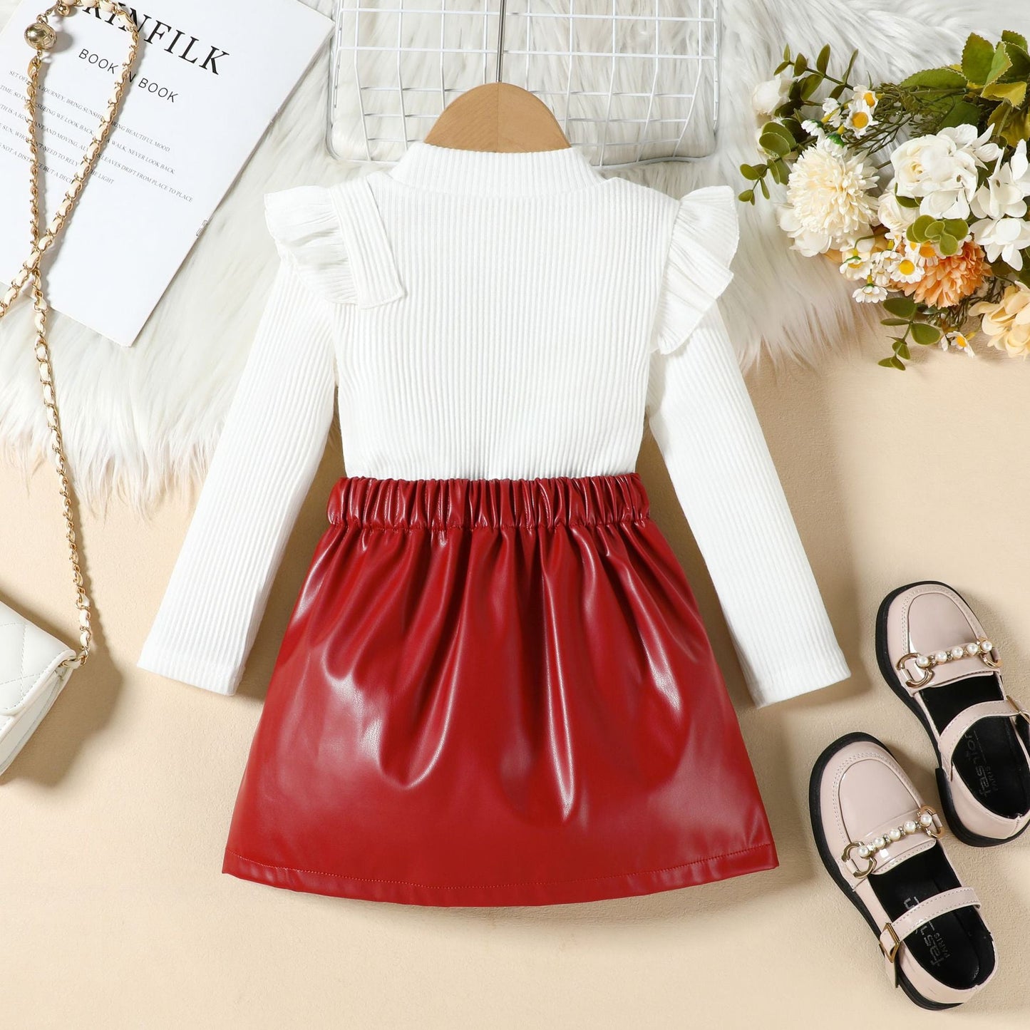 Children's Ruffled Trim Ribbed Top & Faux Leather Skirt Set - -