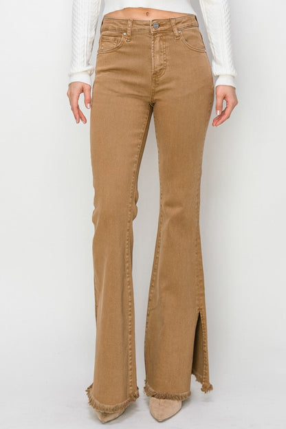 RISEN Brown Side Slit Flared Leg Denim Jeans - - jeans