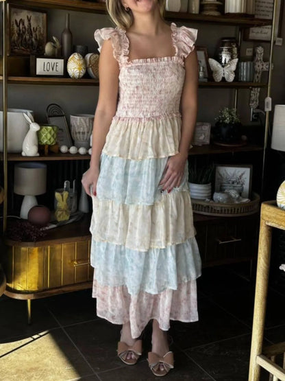 Smocked Ruffle Layered Floral Midi Dress - -