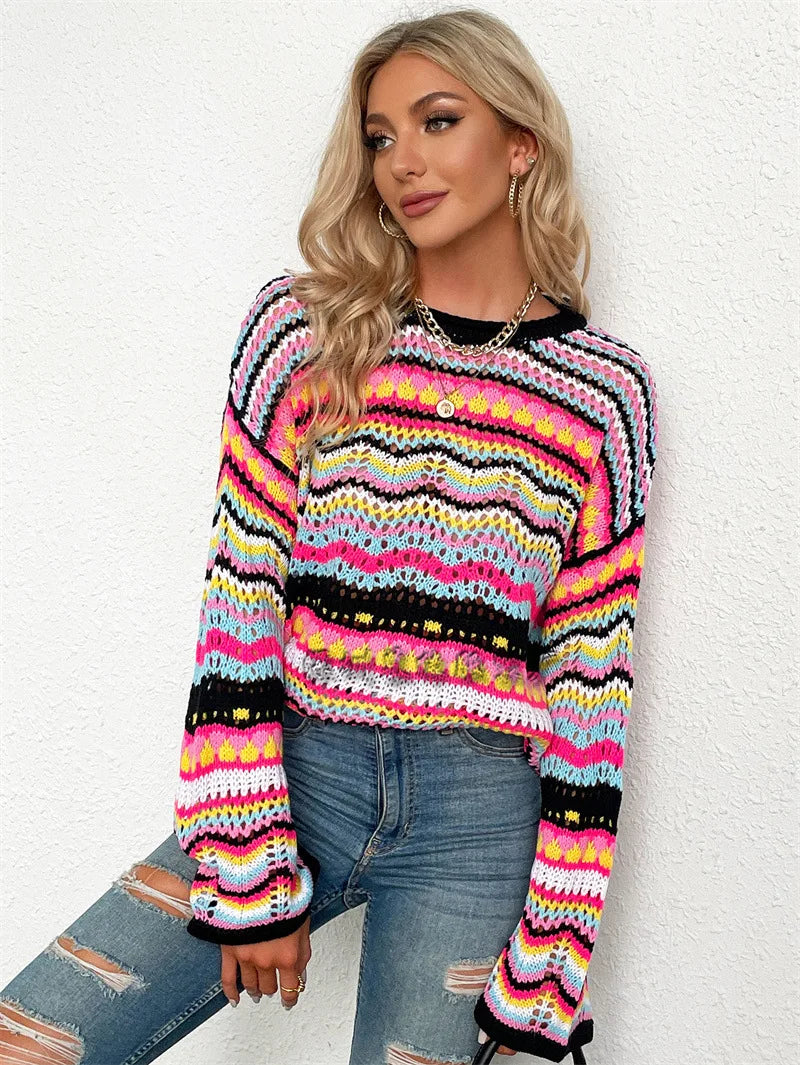 Women's Casual Long-Sleeved Round Neck Color Block Pullover Knit Sweater