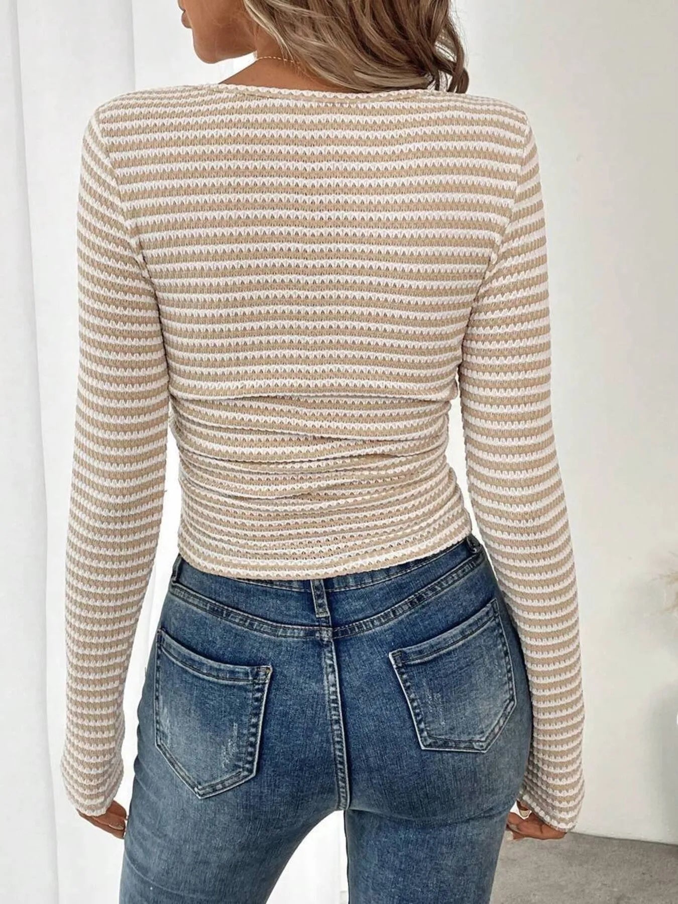 Striped Square Neck Long Sleeve T-Shirt - -