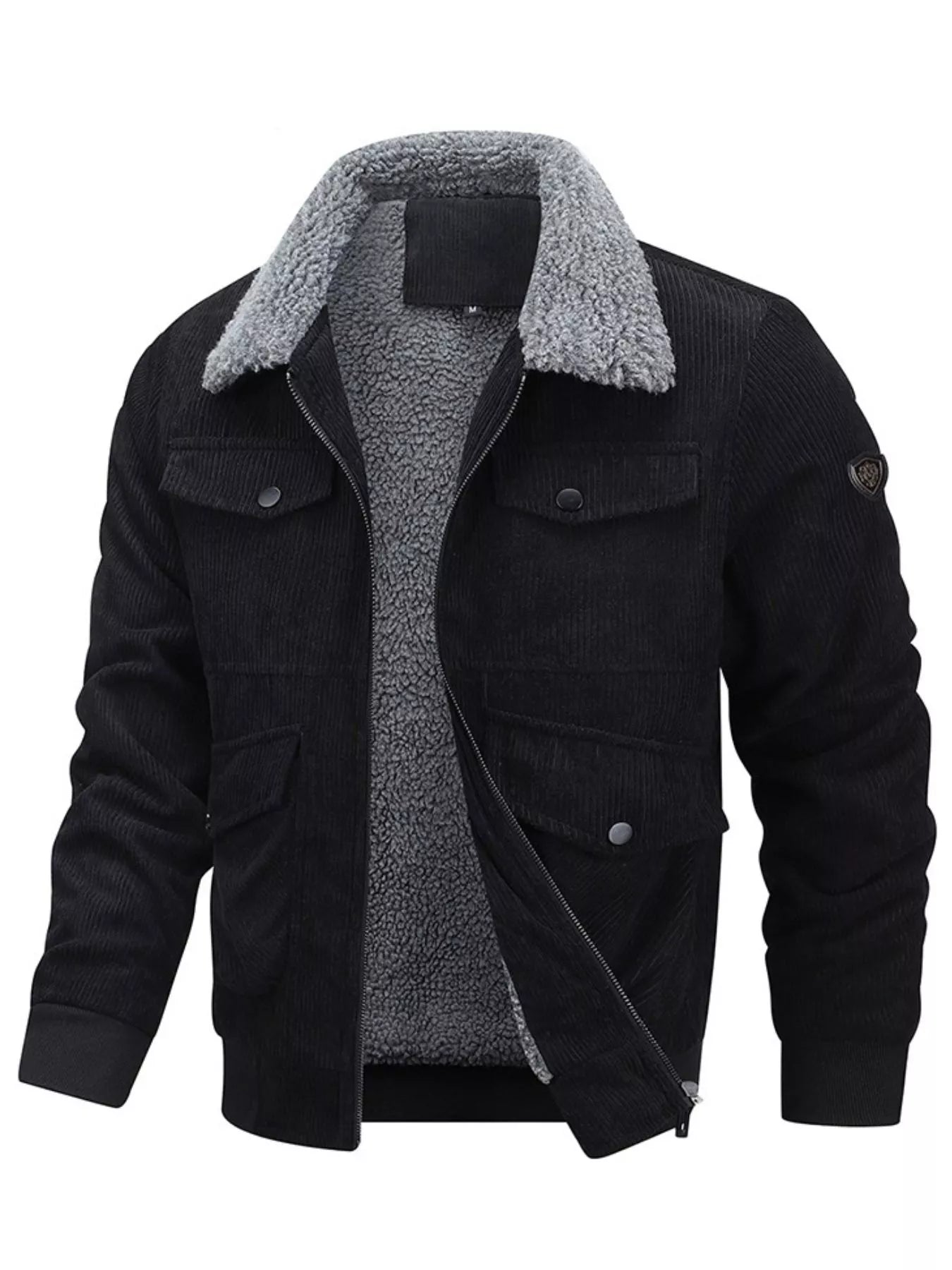 Men's Plus Size Corduroy Sherpa Lined Winter Coat - Black -