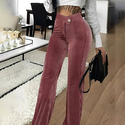 Womens Pants Overlap Waist Corduroy Plain High Waist Long Straight Legs Pants