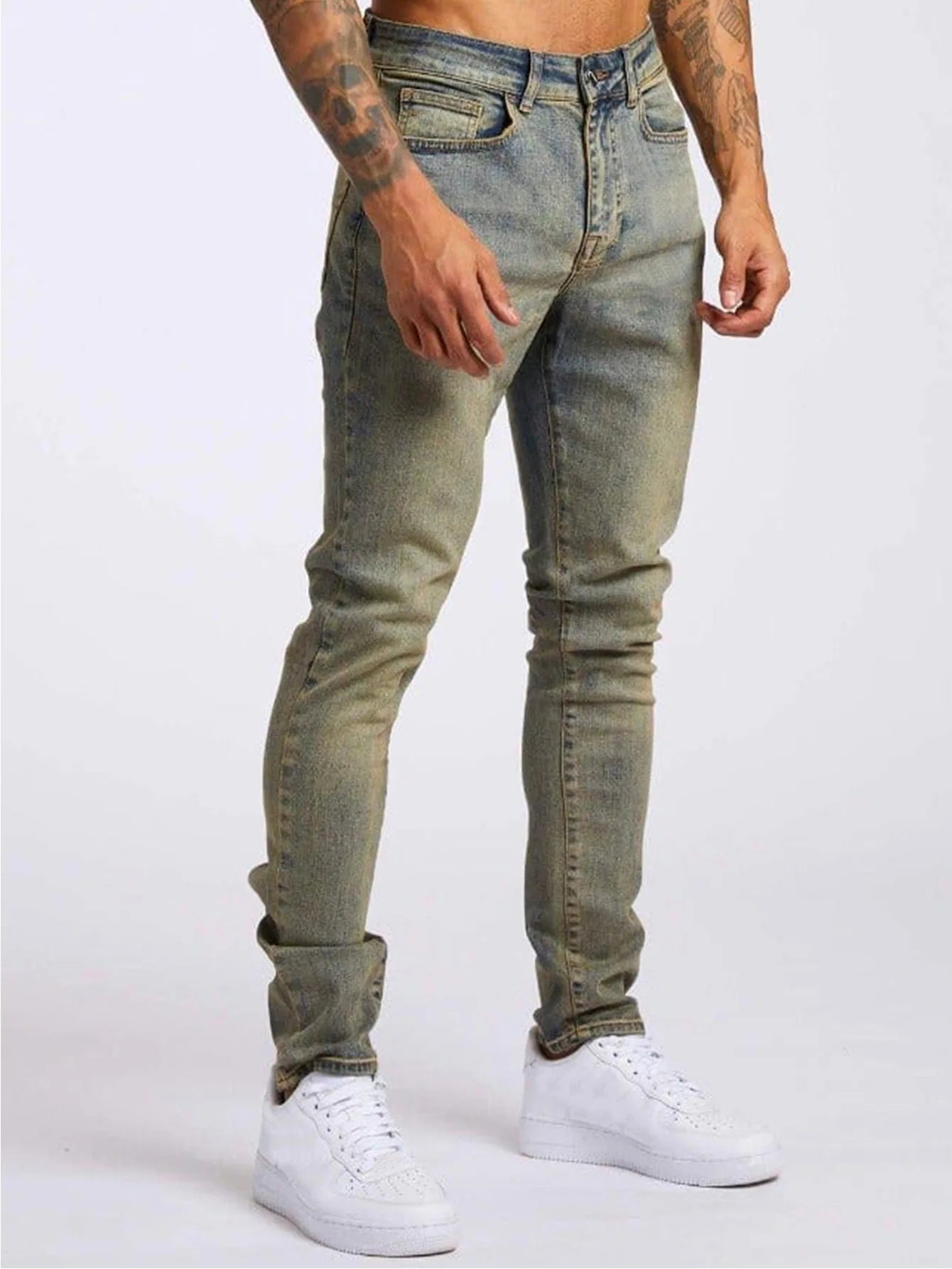 Retro Fashion Slim Fit Ripped Jeans Blue Denim Pants for Men