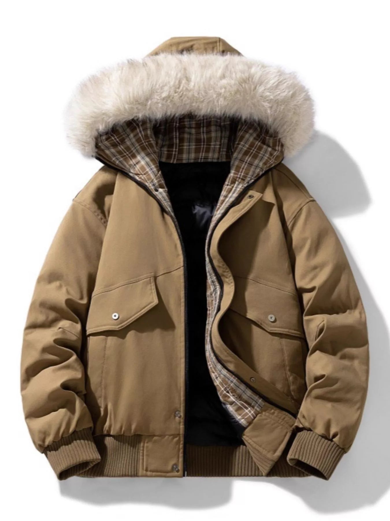 Men's Plus Size Fur Hooded Warm Padded Coat - Camel -