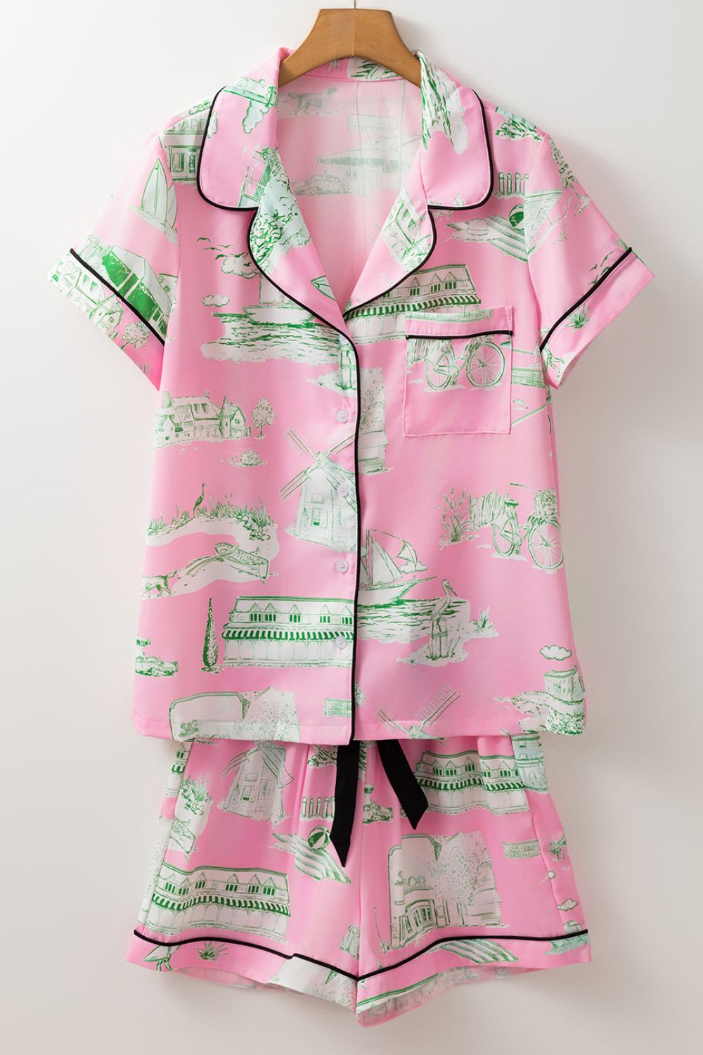 Collared Neck Printed Top and Drawstring Shorts Lounge Set- Wild and Free Boutique- {{Product type}}