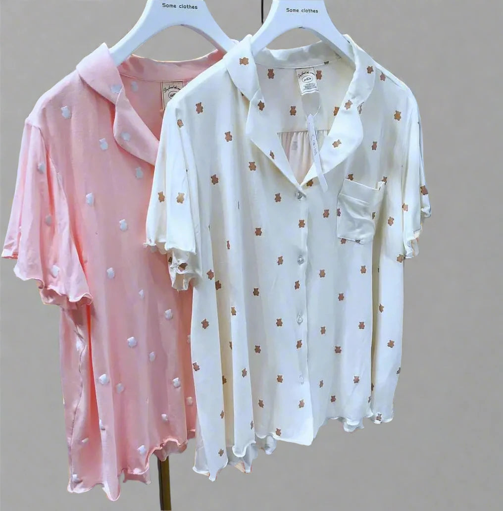 Cotton Fabric Pajamas Short Sleeve Two Piece Set Sleepwear Woman