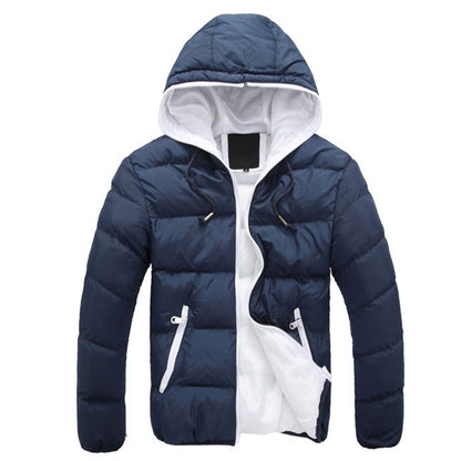 Mens Hooded Thick Down Cotton Coat - Blue and White L - coat