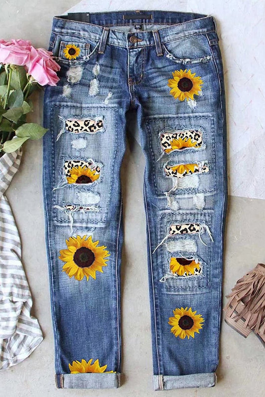 Ripped Printed Jeans for Women - Blue 2XL - Women's Fashion - Women's Clothing - Bottoms - Jeans