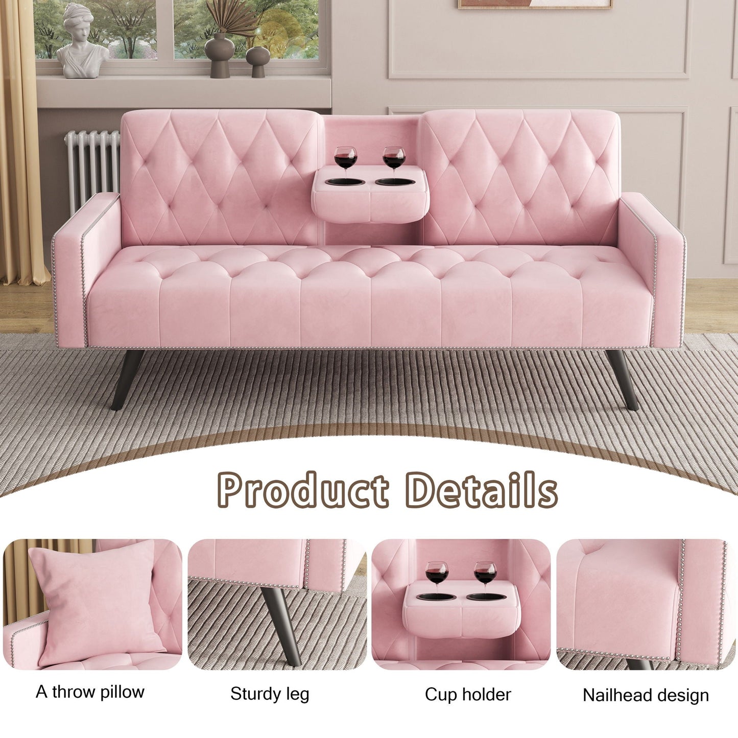 Sofa Bed With Nail Head Trim And Cup Holders - Pink- Unique Piece Furniture- {{Product type}}