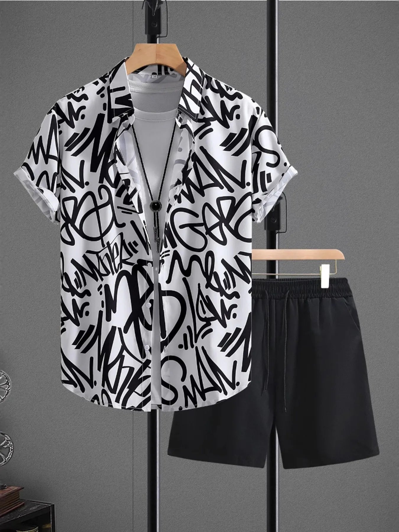 Men's Letter Print Shirt and Shots Set - Black -