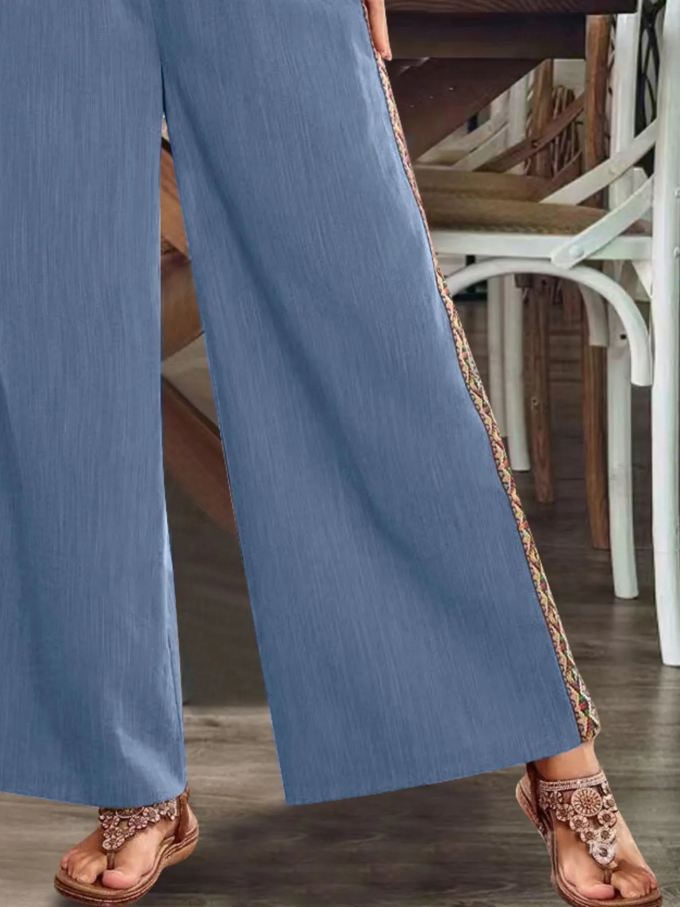 Bohemian Wide Leg Embroidered Side Stripe Pants - -