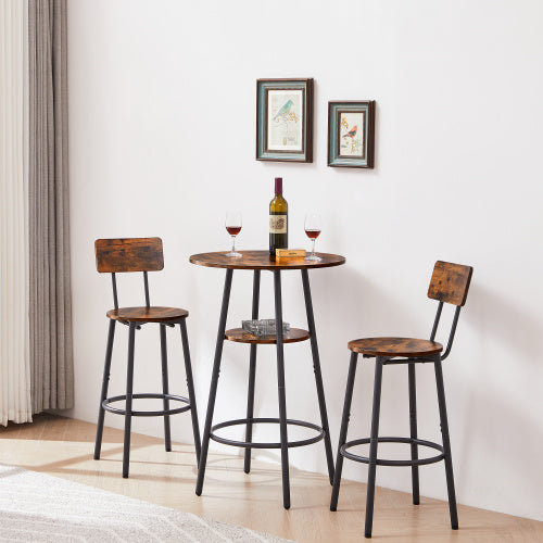 Rustic Brown Round Bar Stool Set with Shelves - - dining set