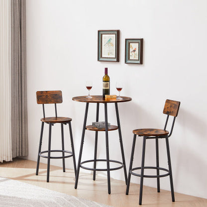 Rustic Brown Round Bar Stool Set with Shelves - - dining set
