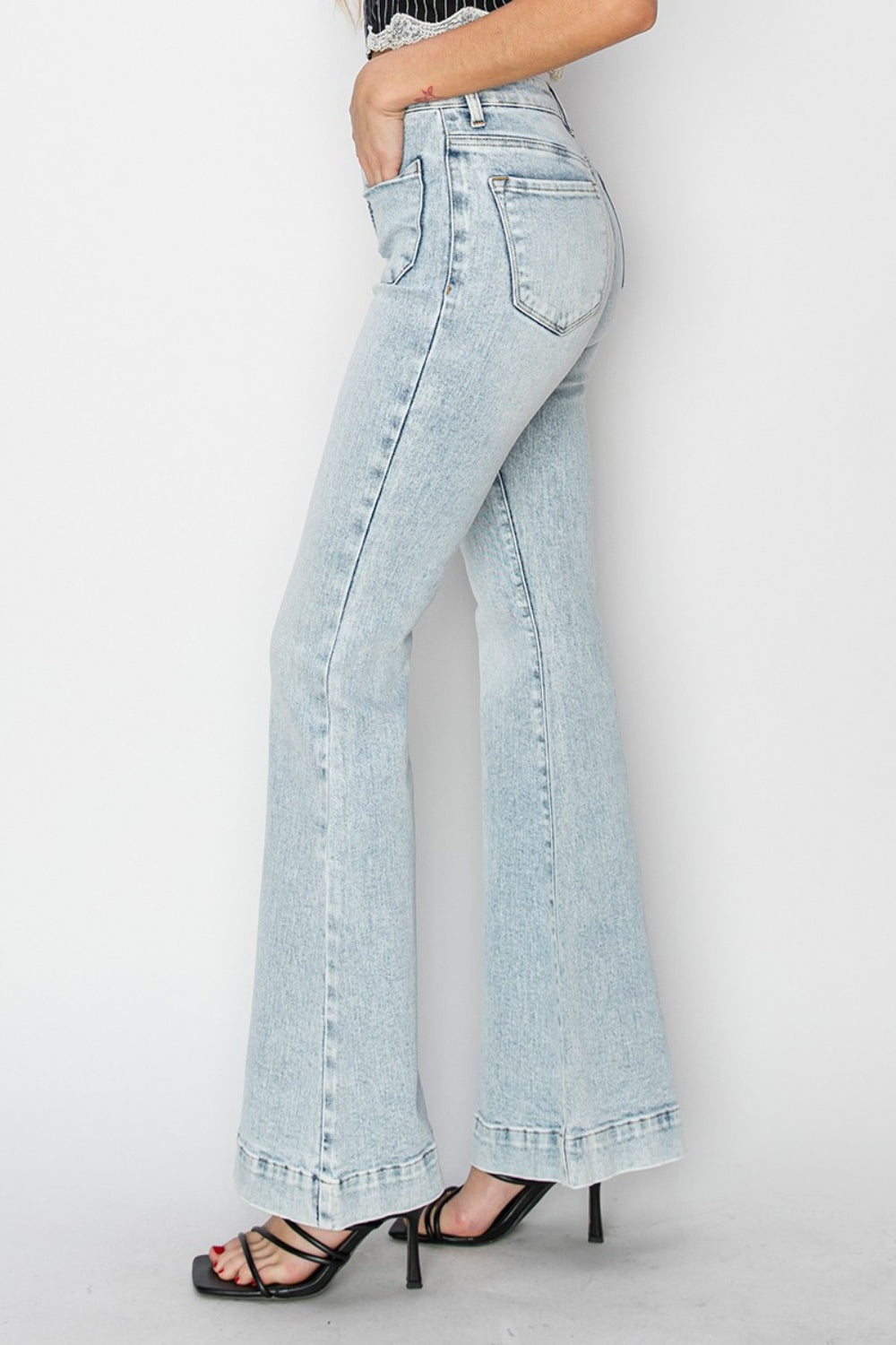 Risen Patch Pocket Flared Leg Light Blue Washed Denim Jeans - - jeans