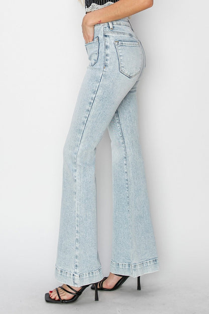 Risen Patch Pocket Flared Leg Light Blue Washed Denim Jeans - - jeans