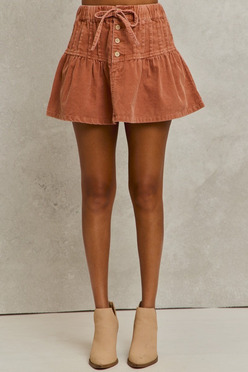 SO ME Mineral Wash Pintucked Corduroy Mini Flared Skirt - -