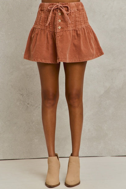 SO ME Mineral Wash Pintucked Corduroy Mini Flared Skirt - -