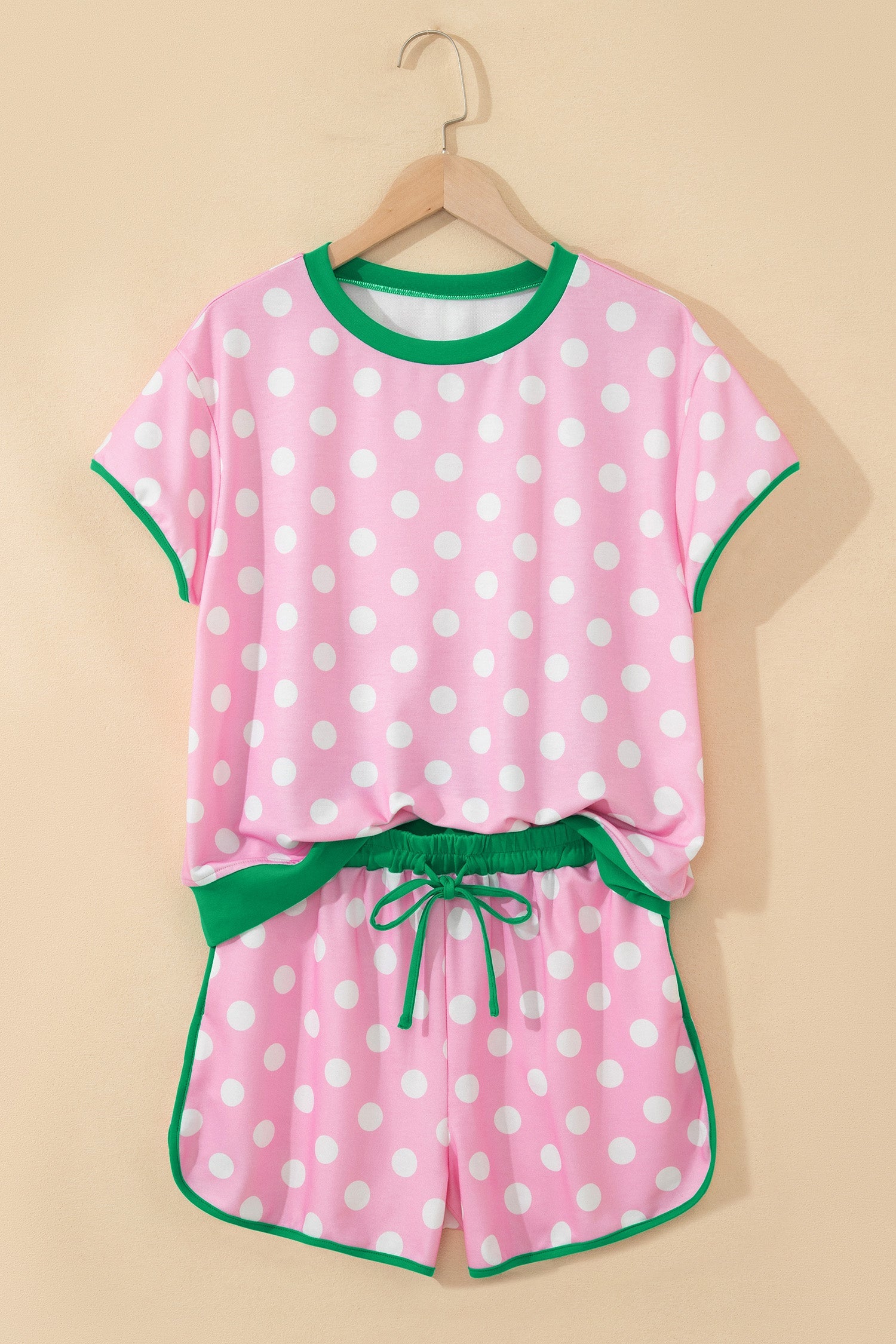 Pink Polka Dot Contrast Edge Casual Short Set - Pink 95%Polyester+5%Elastane - Two Piece Sets/Short Sets