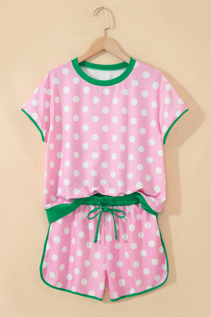 Pink Polka Dot Contrast Edge Casual Short Set - Pink 95%Polyester+5%Elastane - Two Piece Sets/Short Sets