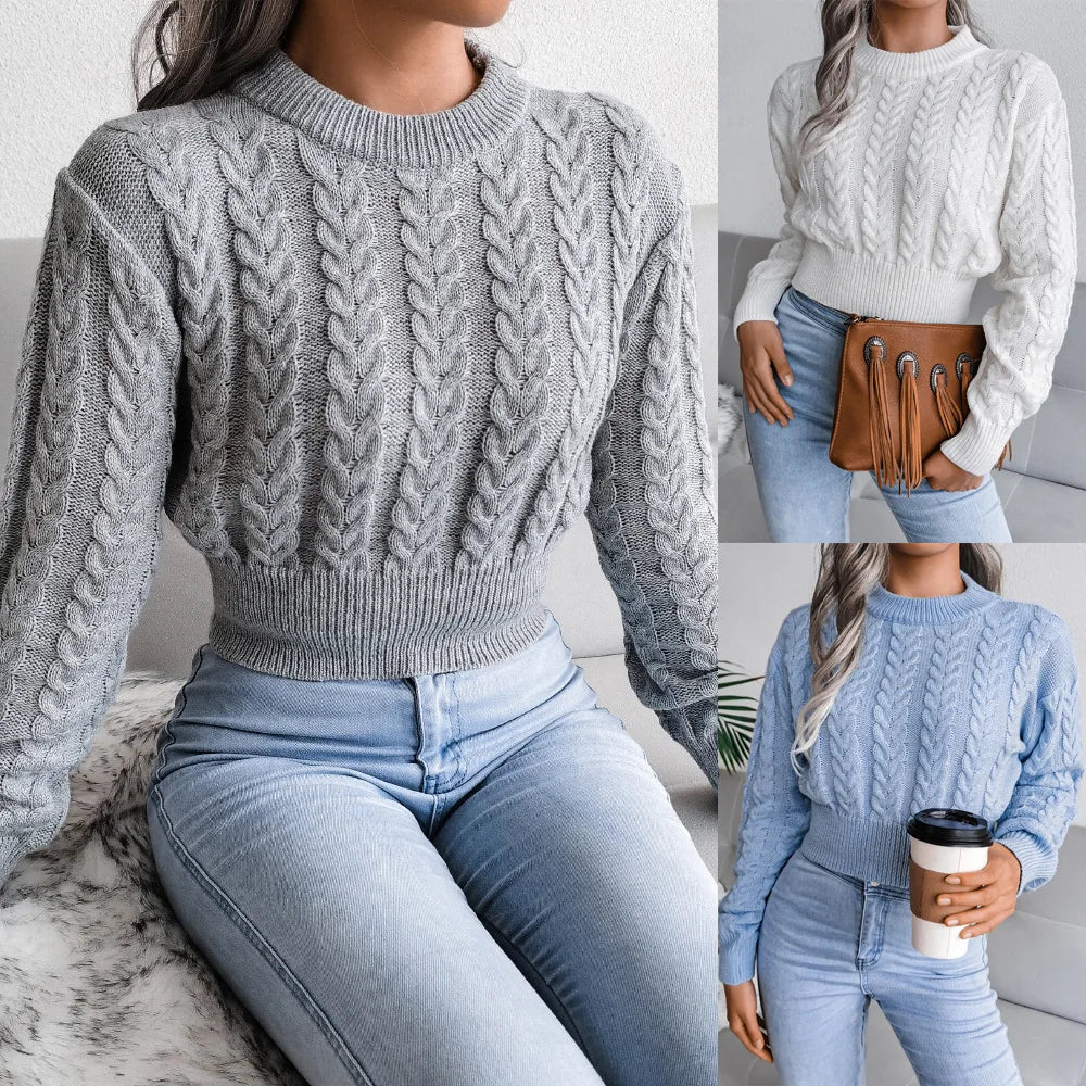 Women Twist Knitted O-Neck Long Lantern Sleeve Slim Knitwear Pullover Top