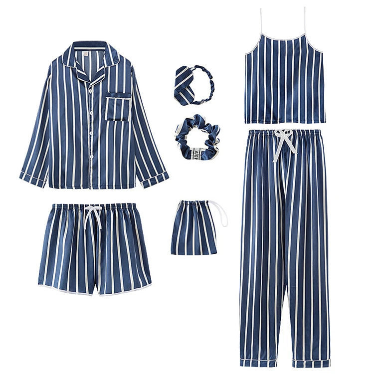 Fashion Stripe Printed 7 Pieces Set Women Silk Pajamas Long Sleeves Pajamas Set