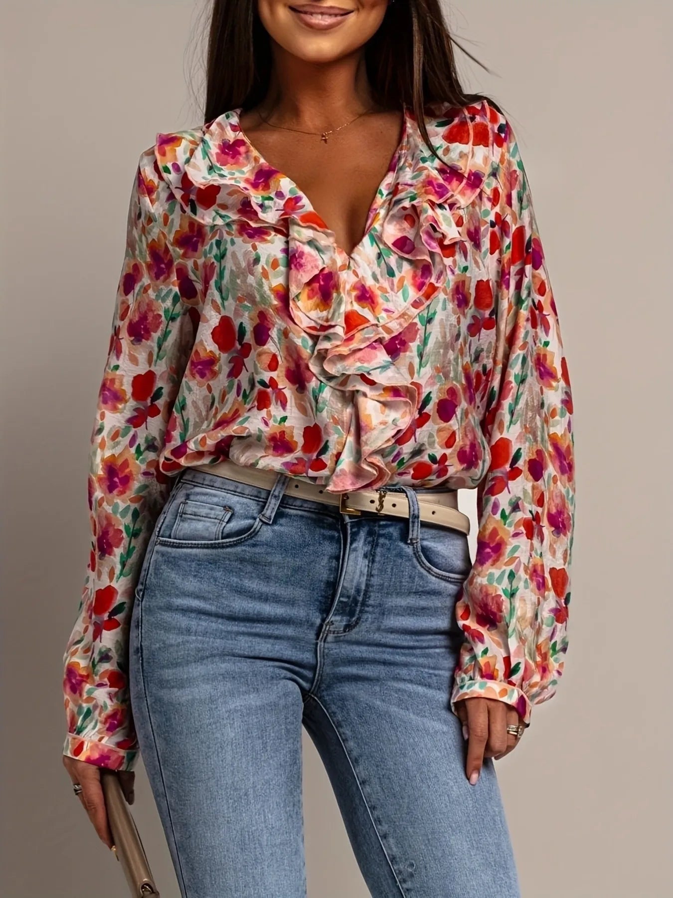 Floral Print Ruffle V-Neck Long Sleeve Blouse - -