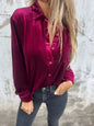 Full Size Velvet Button-Up Long Sleeve Shirt Plus Size - Wine Red -
