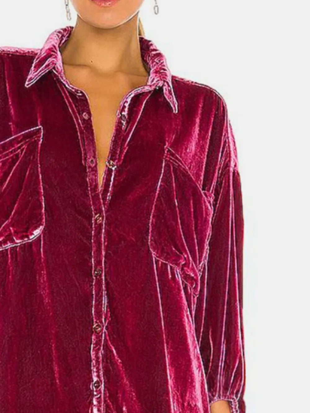 Collared Neck Button Down Long Sleeve Shirt - -