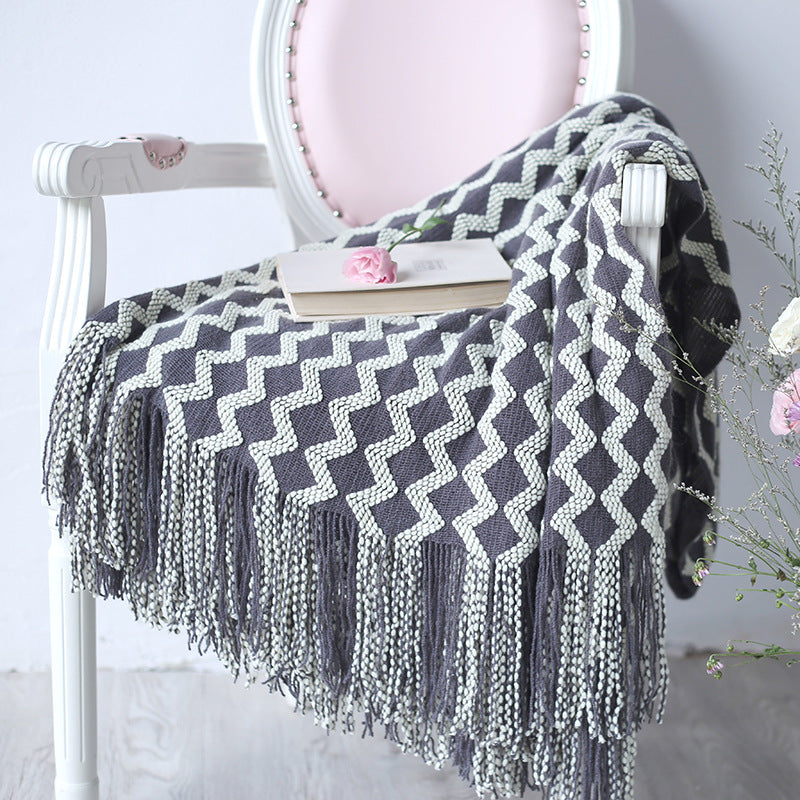 Geometric Knitted Chenille Throw Blanket - - Blankets