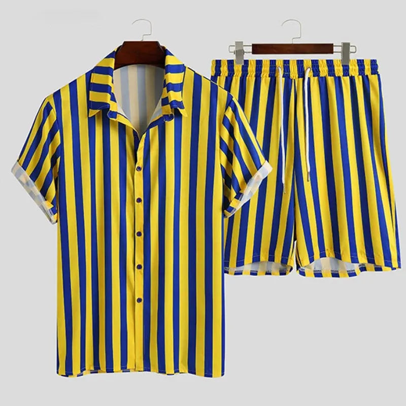 Men's Full Size Striped Button Up Shirt and Shorts Set Plus Size - Yellow -