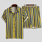 Men's Full Size Striped Button Up Shirt and Shorts Set Plus Size - Yellow -