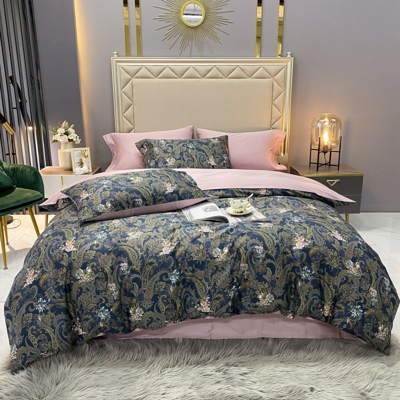 60s 100% Egyptian Organic Cotton White Gray Floral Pattern Bedding Sets