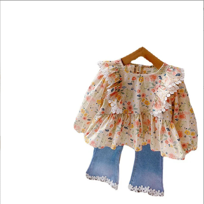 Girls Floral Lace Top and Denim Flared Pants Set