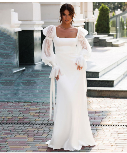 Chic Satin Mermaid Bridal Gown with Puff Sleeves - - dress